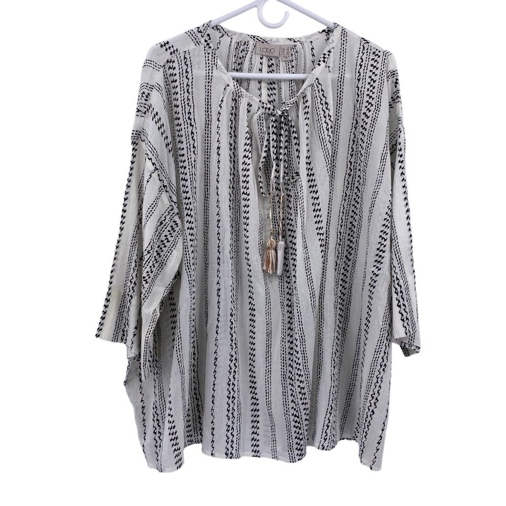 Logo by Lori Goldstein pop over gauzy blouse size 1X black white tassel